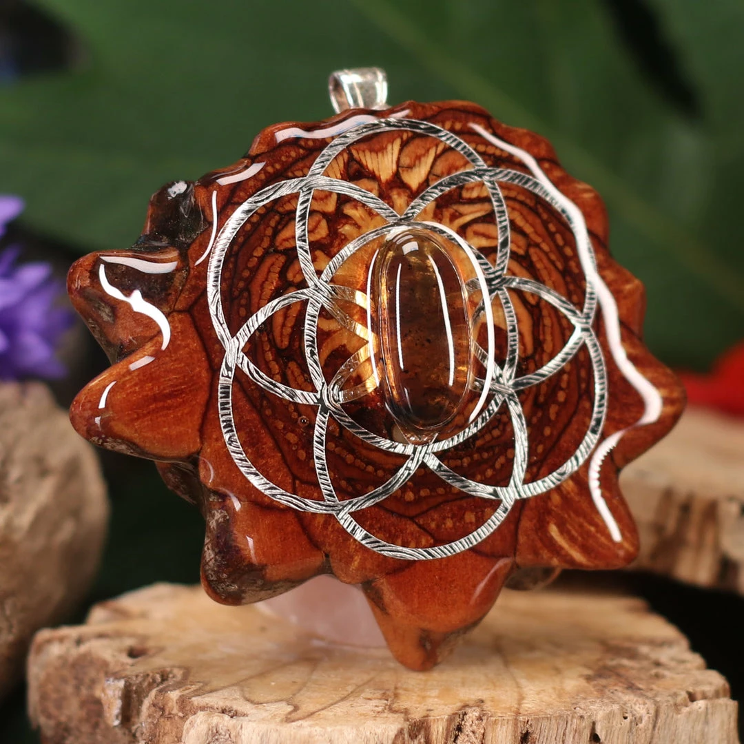 TEP Pendants Yellow Amber With Silver Seed Of Life And Back Om 5 TEP Pendants Yellow Amber With Silver Seed Of Life And Back Om