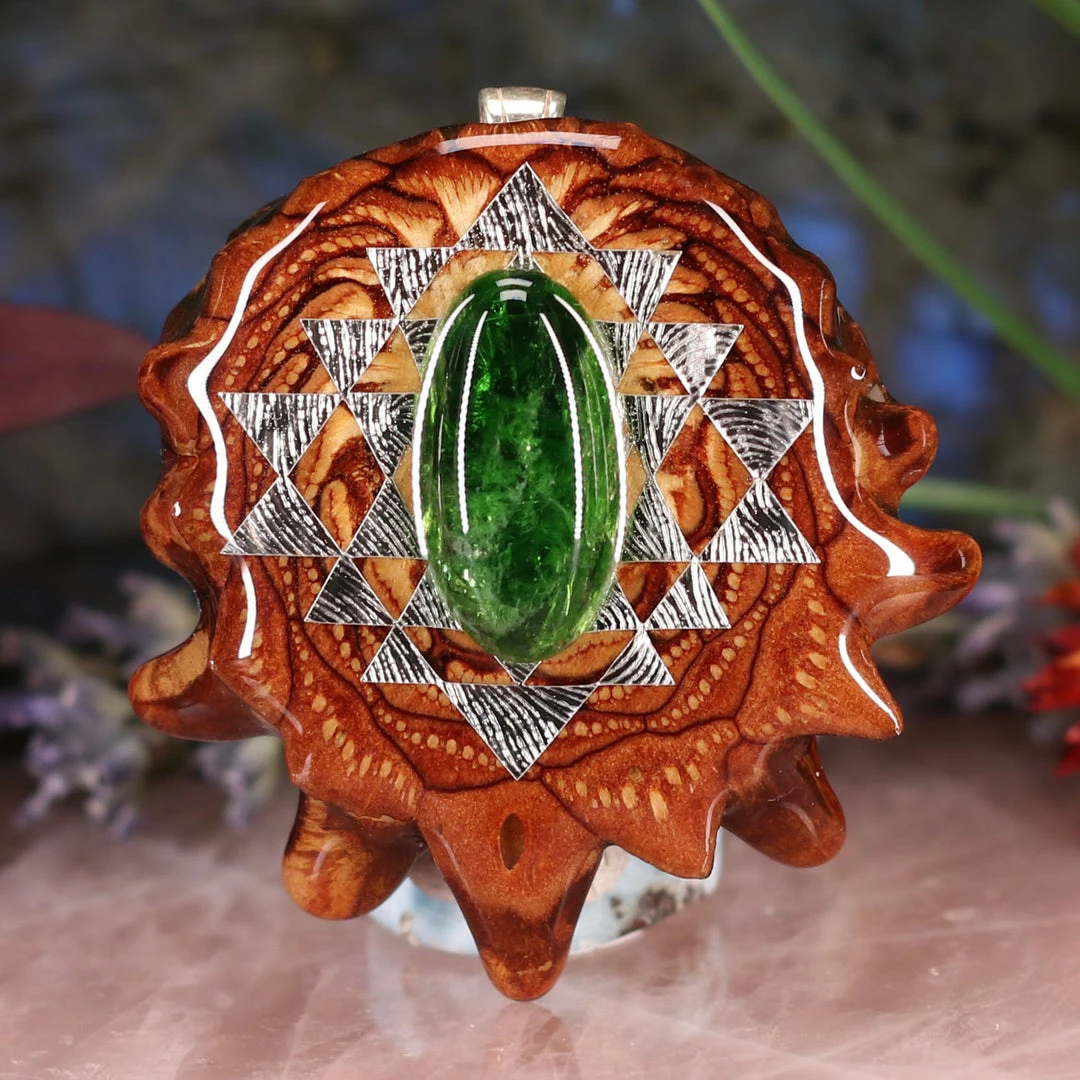 TEP Pendants Chrome Diopside With Silver Sri Yantra 3 TEP Pendants Chrome Diopside With Silver Sri Yantra
