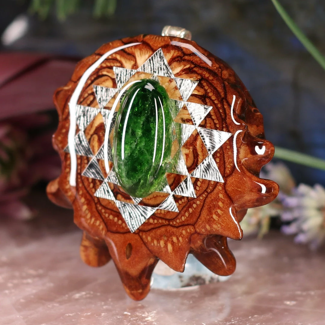 TEP Pendants Chrome Diopside With Silver Sri Yantra 4 TEP Pendants Chrome Diopside With Silver Sri Yantra