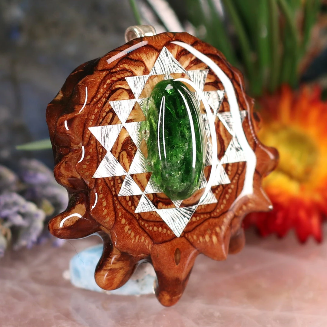 TEP Pendants Chrome Diopside With Silver Sri Yantra 5 TEP Pendants Chrome Diopside With Silver Sri Yantra