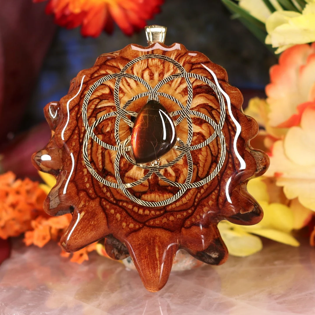 TEP Pendants Ammolite With Gold Seed Of Life 3 TEP Pendants Ammolite With Gold Seed Of Life