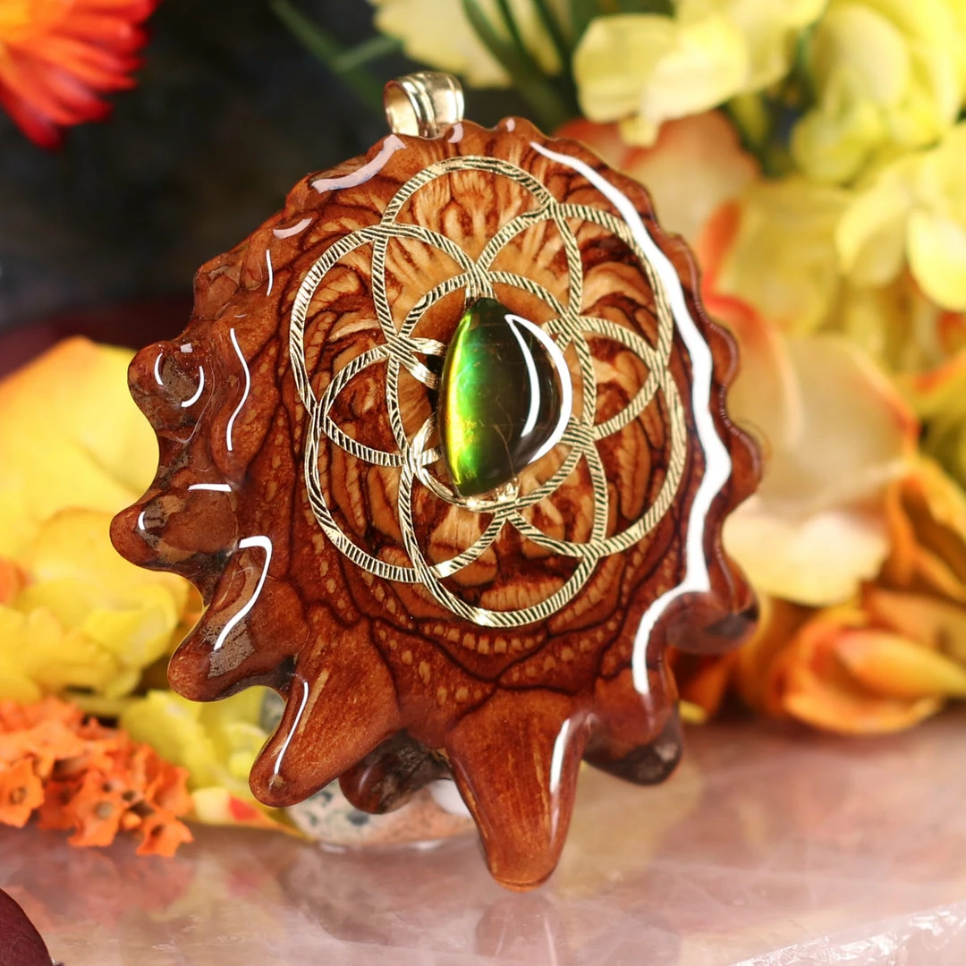 TEP Pendants Ammolite With Gold Seed Of Life 5 TEP Pendants Ammolite With Gold Seed Of Life