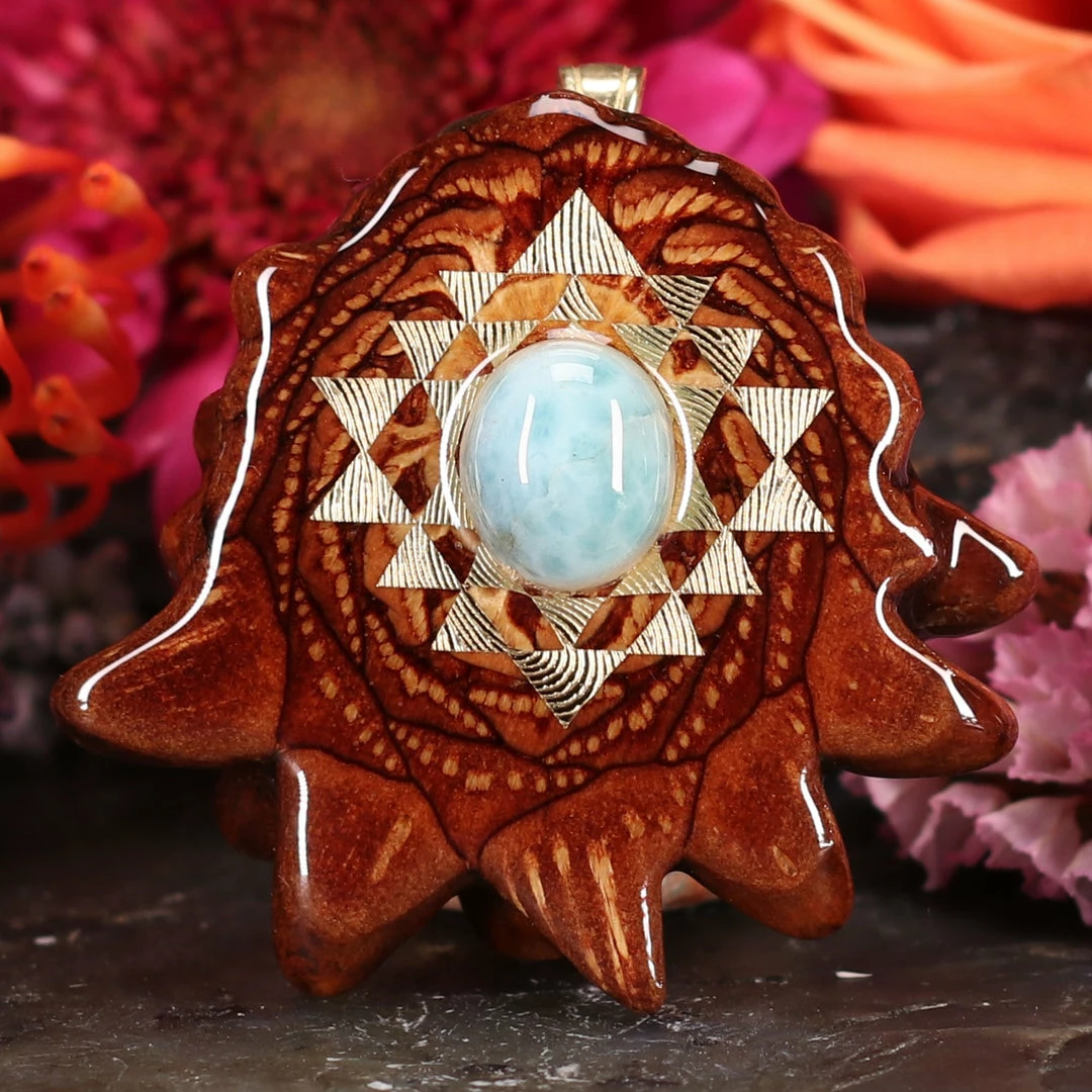 TEP Pendants Larimar With Gold Sri Yantra 3 TEP Pendants Larimar With Gold Sri Yantra