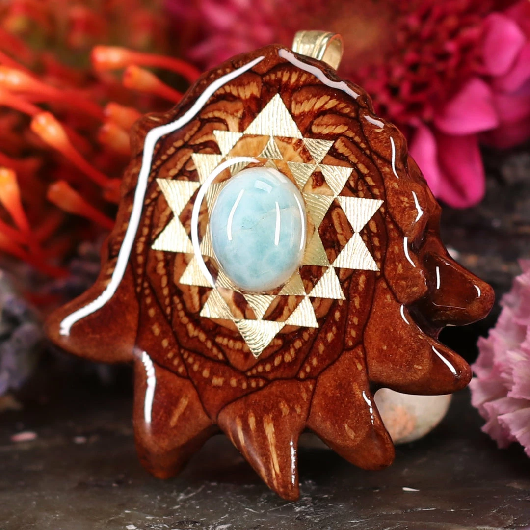 TEP Pendants Larimar With Gold Sri Yantra 4 TEP Pendants Larimar With Gold Sri Yantra