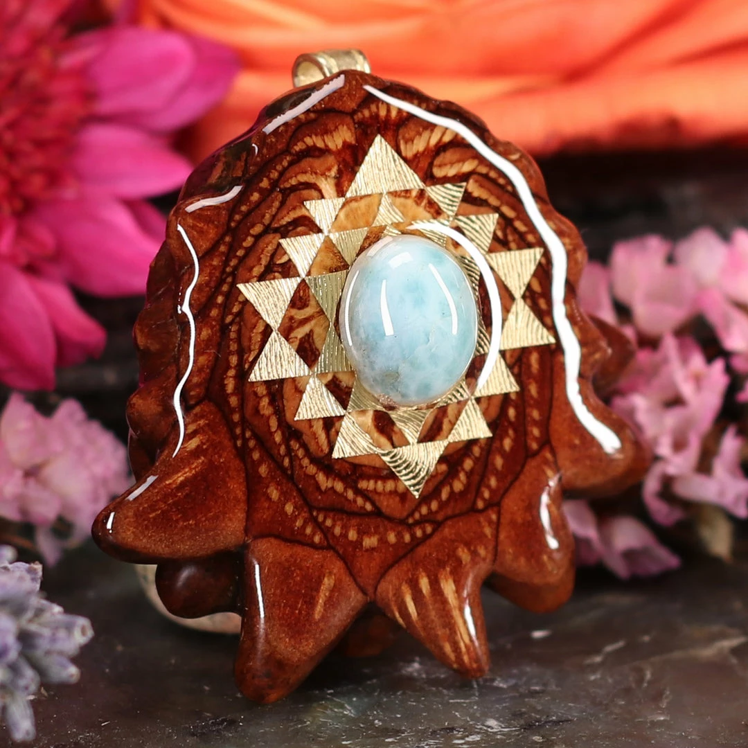 TEP Pendants Larimar With Gold Sri Yantra 5 TEP Pendants Larimar With Gold Sri Yantra