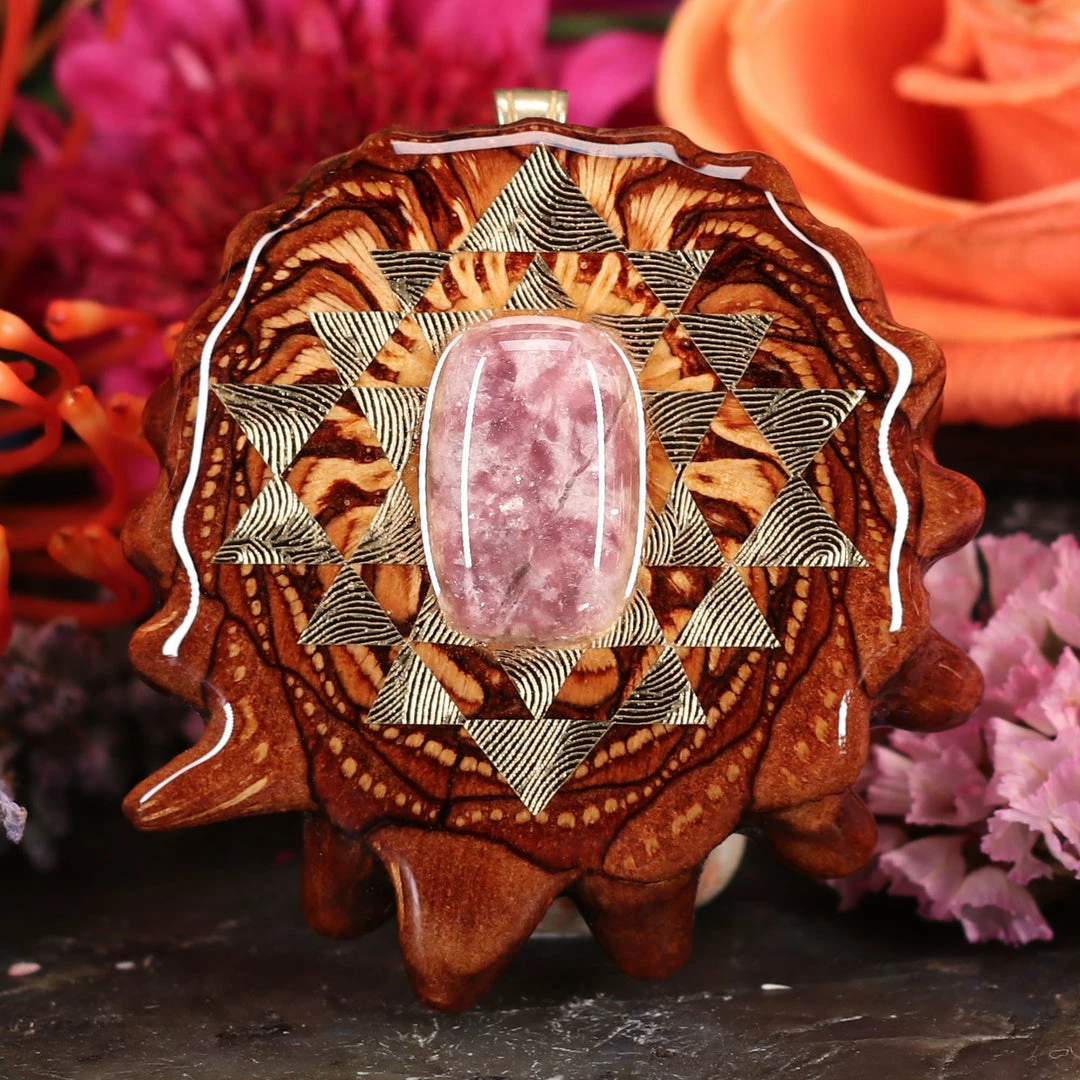 TEP Pendants Lepidolite With Gold Sri Yantra 3 TEP Pendants Lepidolite With Gold Sri Yantra