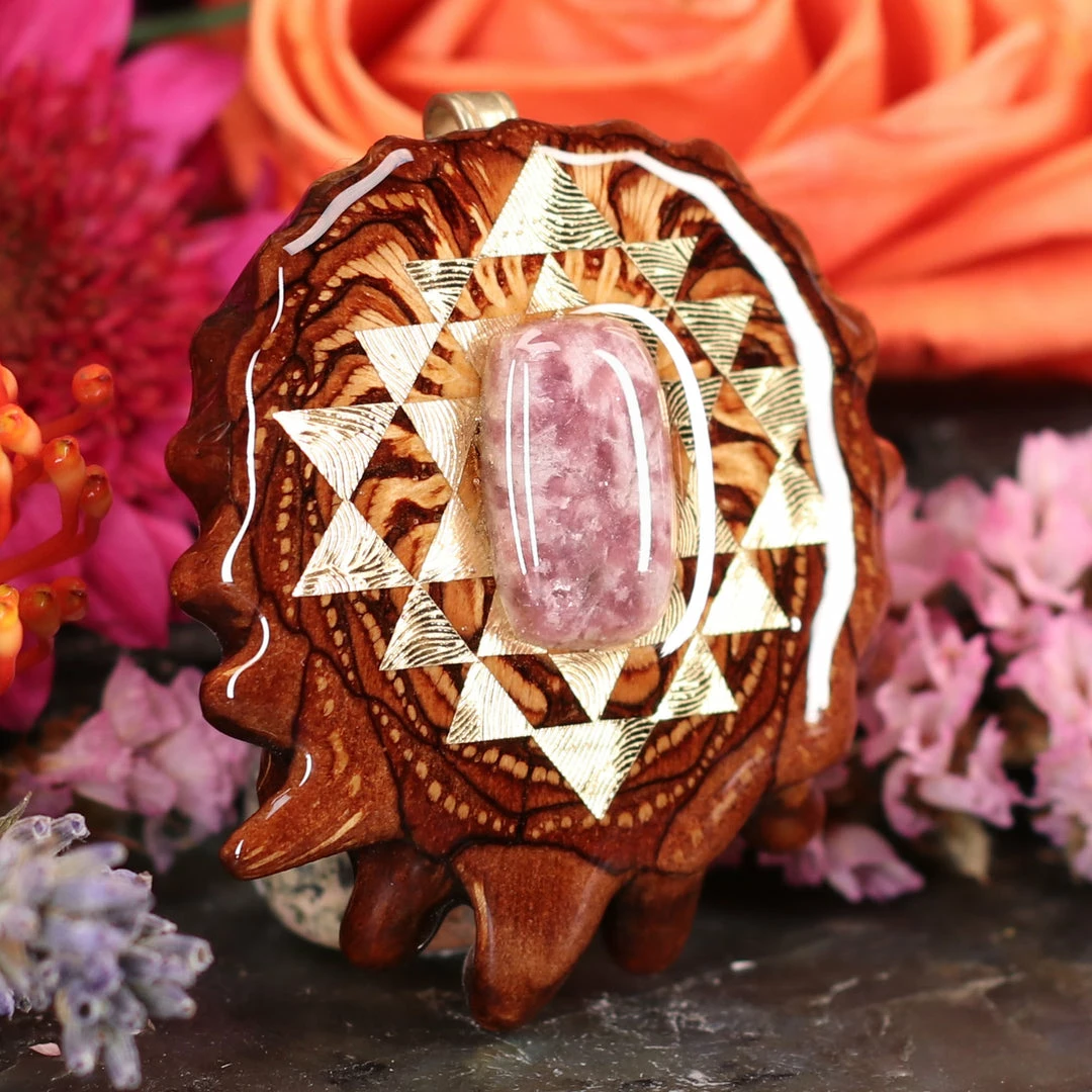 TEP Pendants Lepidolite With Gold Sri Yantra 5 TEP Pendants Lepidolite With Gold Sri Yantra