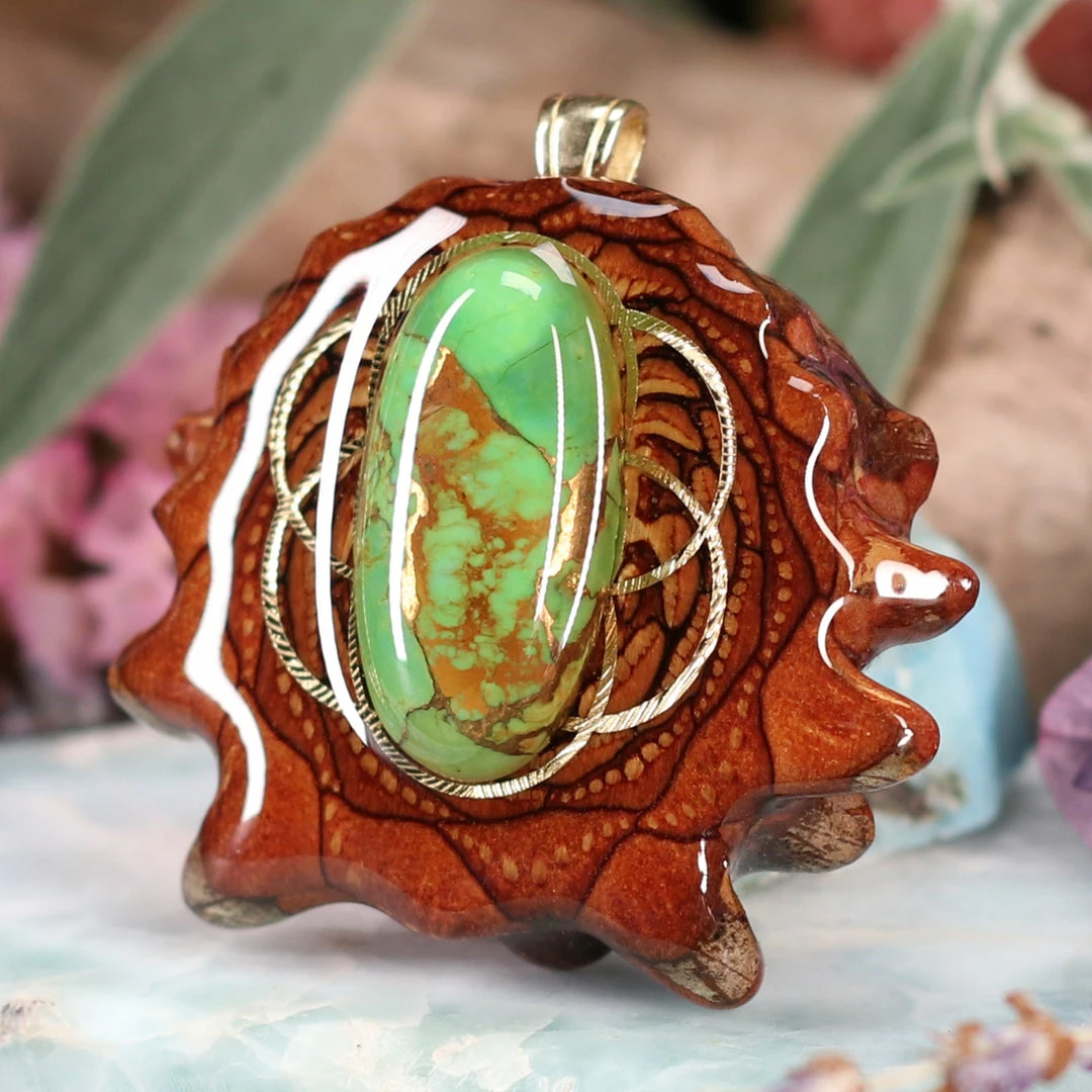 TEP Green Mohave Turquoise With Gold Seed Of Life And Back Om 4 TEP Green Mohave Turquoise With Gold Seed Of Life And Back Om