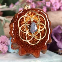 TEP Australian Blue Opal With Gold Seed Of Life And Back Om Pendants