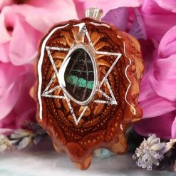 TEP Pendants Green Banded Butterfly Wing With Silver Merkaba