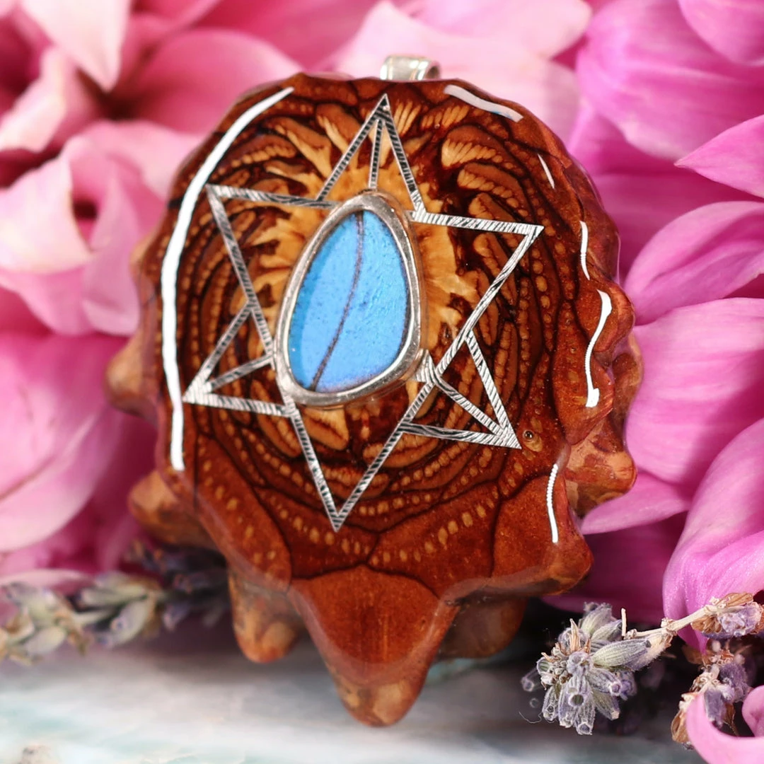 TEP Blue Morpho Butterfly Wing With Silver Merkaba Pendants 4 TEP Blue Morpho Butterfly Wing With Silver Merkaba Pendants