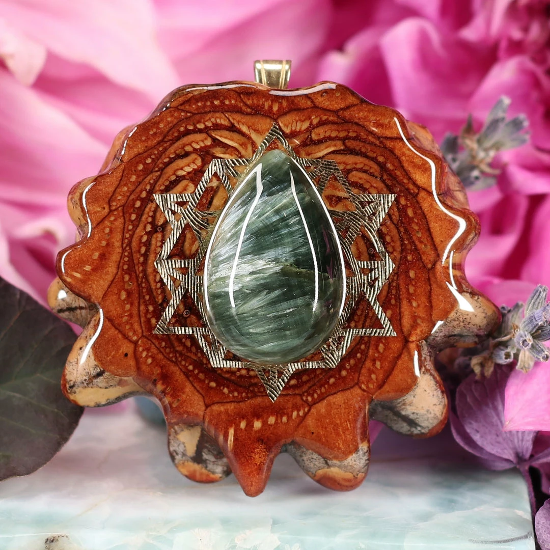 TEP Pendants Seraphinite With Gold 64 Star Tetrahedron 3 TEP Pendants Seraphinite With Gold 64 Star Tetrahedron