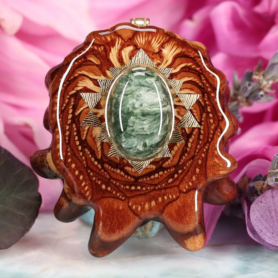 TEP Seraphinite With Gold Sri Yantra Pendants 3 TEP Seraphinite With Gold Sri Yantra Pendants