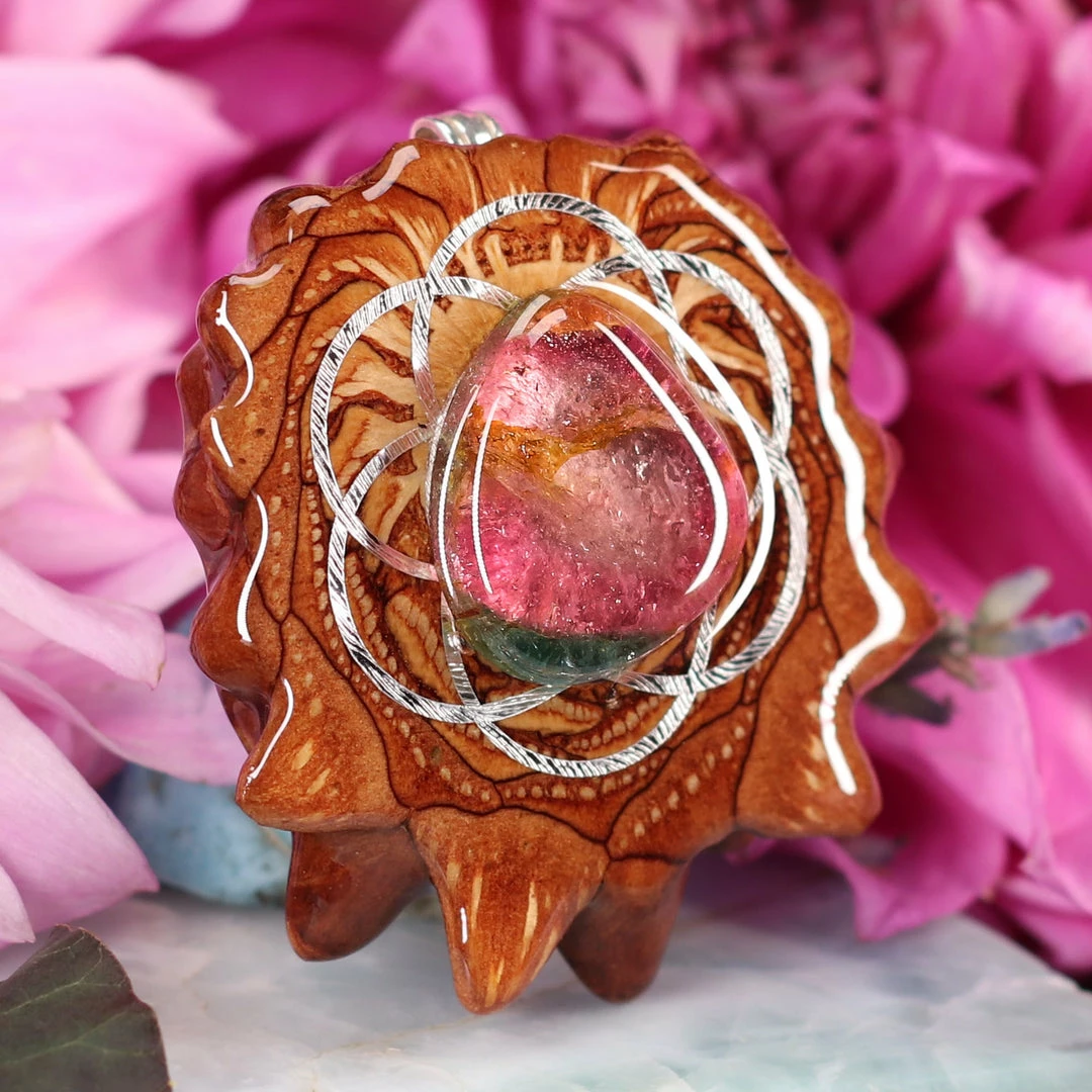 TEP Watermelon Tourmaline With Silver Seed Of Life Pendants 5 TEP Watermelon Tourmaline With Silver Seed Of Life Pendants