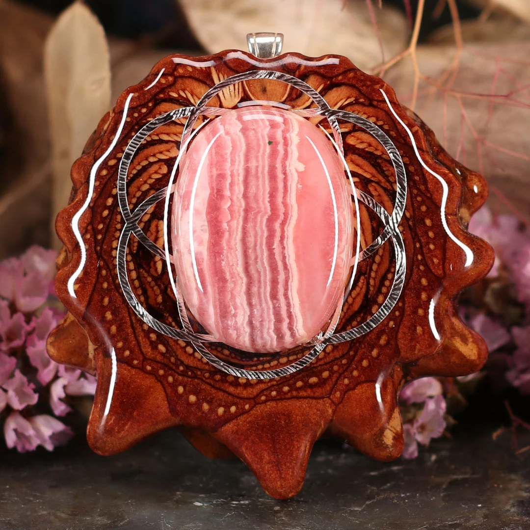 TEP Rhodochrosite With Silver Seed Of Life Pendants 3 TEP Rhodochrosite With Silver Seed Of Life Pendants