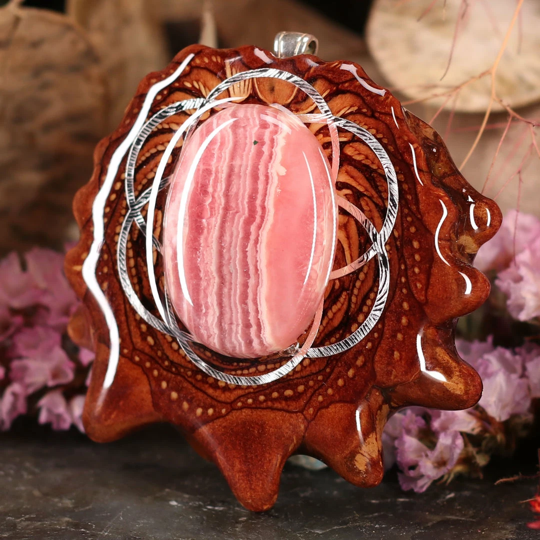TEP Rhodochrosite With Silver Seed Of Life Pendants 4 TEP Rhodochrosite With Silver Seed Of Life Pendants