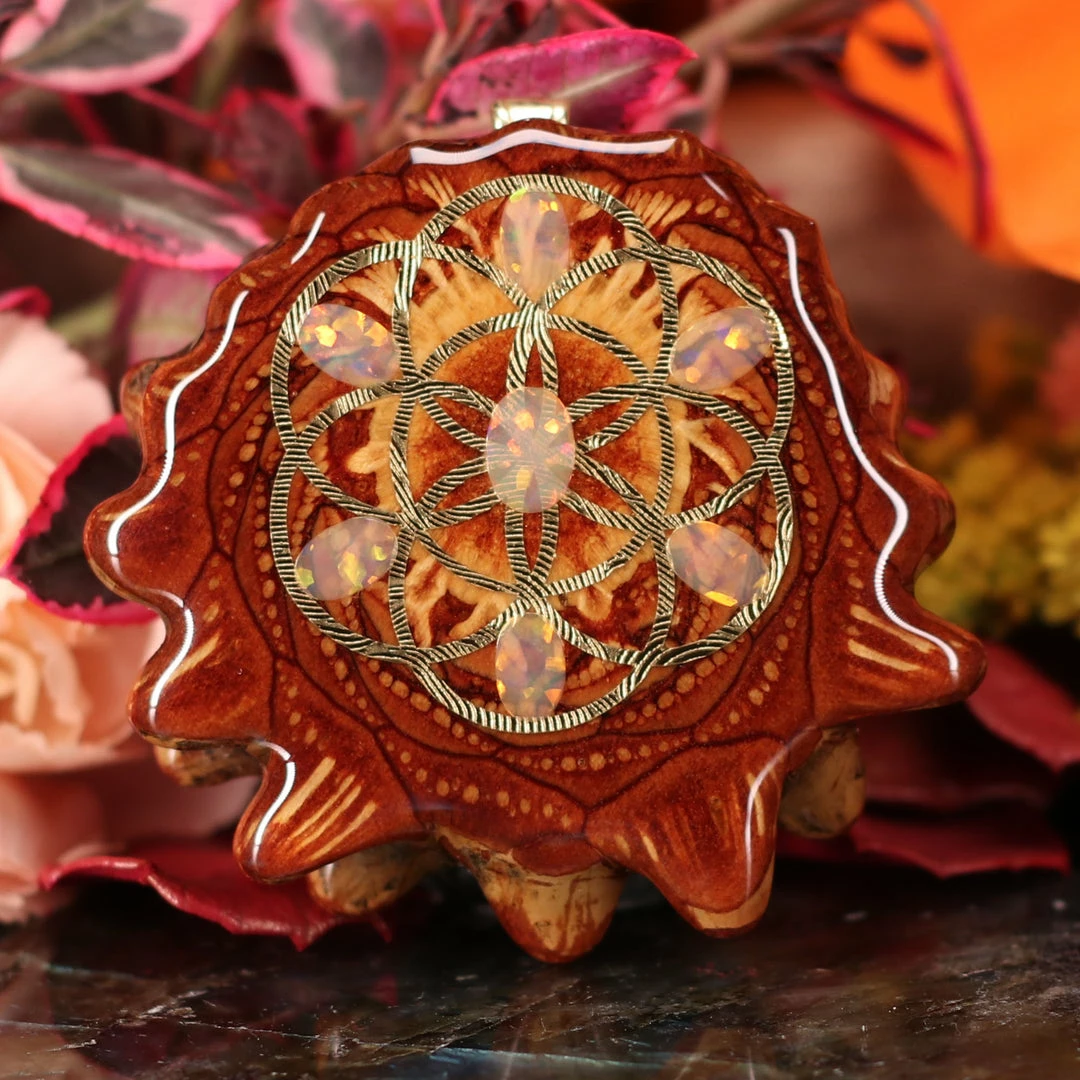 TEP Ethiopian Opal With Gold Seed Of Life Multi-Stone And Back Om 3 TEP Ethiopian Opal With Gold Seed Of Life Multi-Stone And Back Om