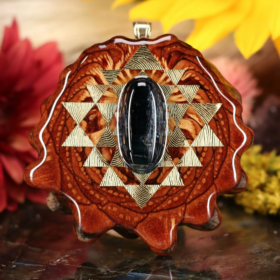 TEP Pendants Blue Kyanite With Gold Sri Yantra 3 TEP Pendants Blue Kyanite With Gold Sri Yantra