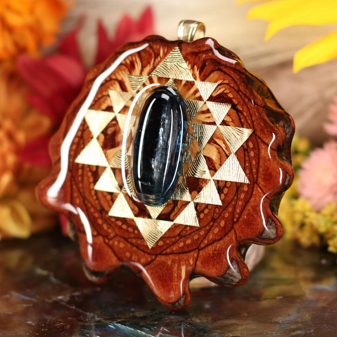 TEP Pendants Blue Kyanite With Gold Sri Yantra 4 TEP Pendants Blue Kyanite With Gold Sri Yantra