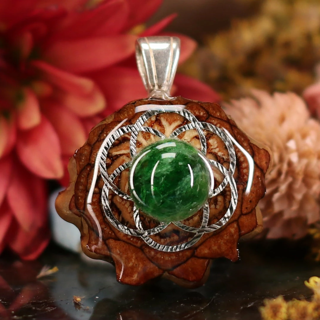 TEP Chrome Diopside With Silver Seed Of Life Pendants 3 TEP Chrome Diopside With Silver Seed Of Life Pendants