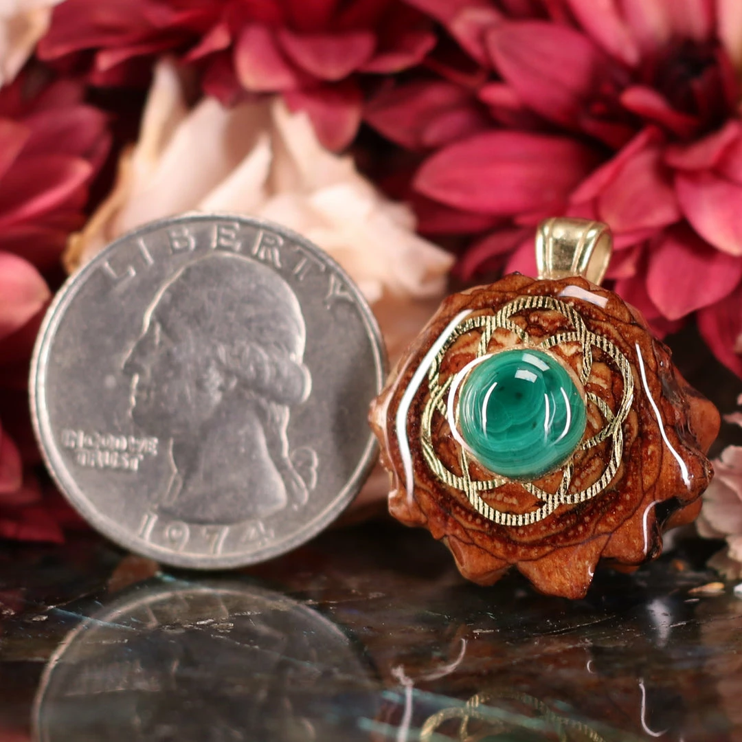 TEP Pendants Malachite With Gold Seed Of Life 4 TEP Pendants Malachite With Gold Seed Of Life