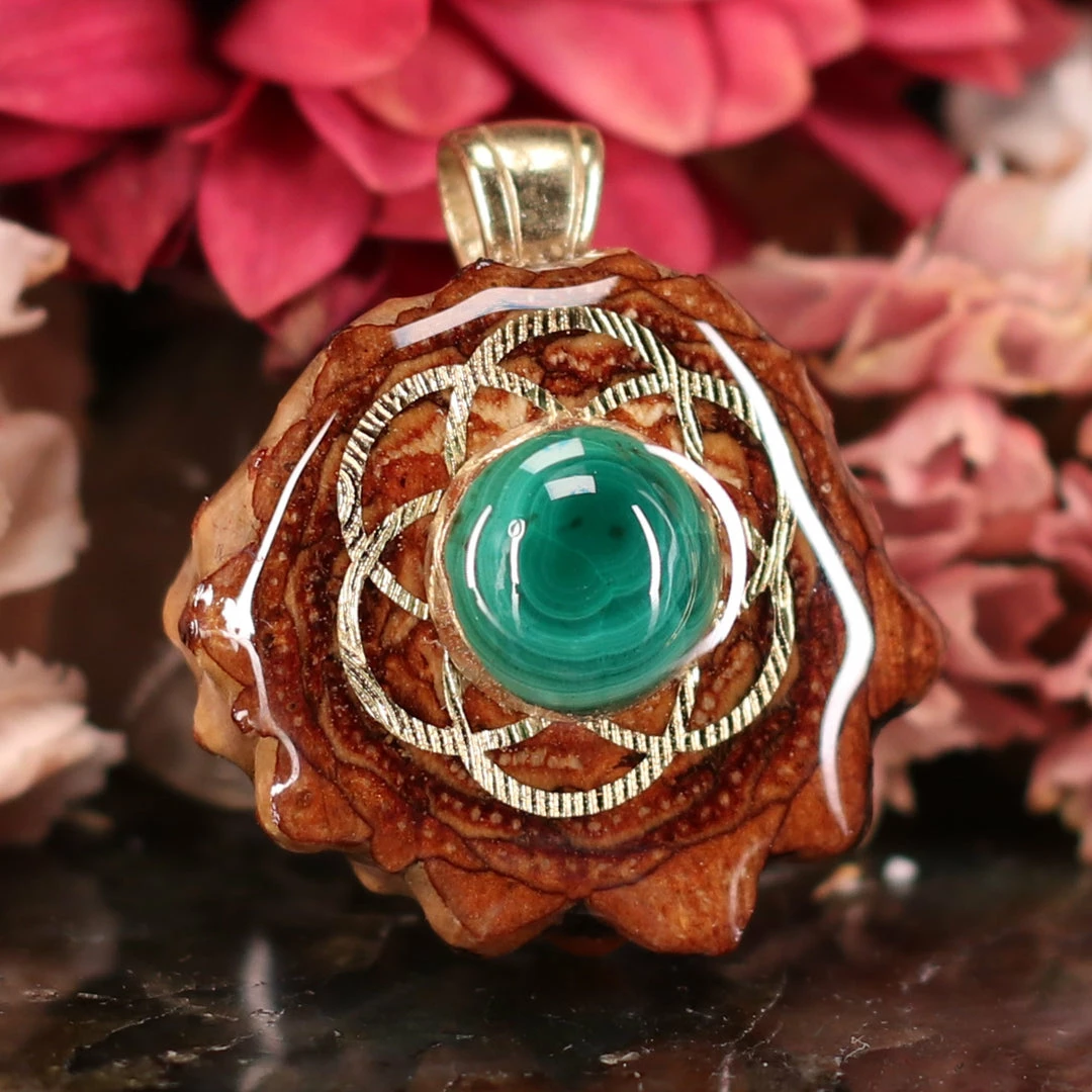 TEP Pendants Malachite With Gold Seed Of Life 5 TEP Pendants Malachite With Gold Seed Of Life