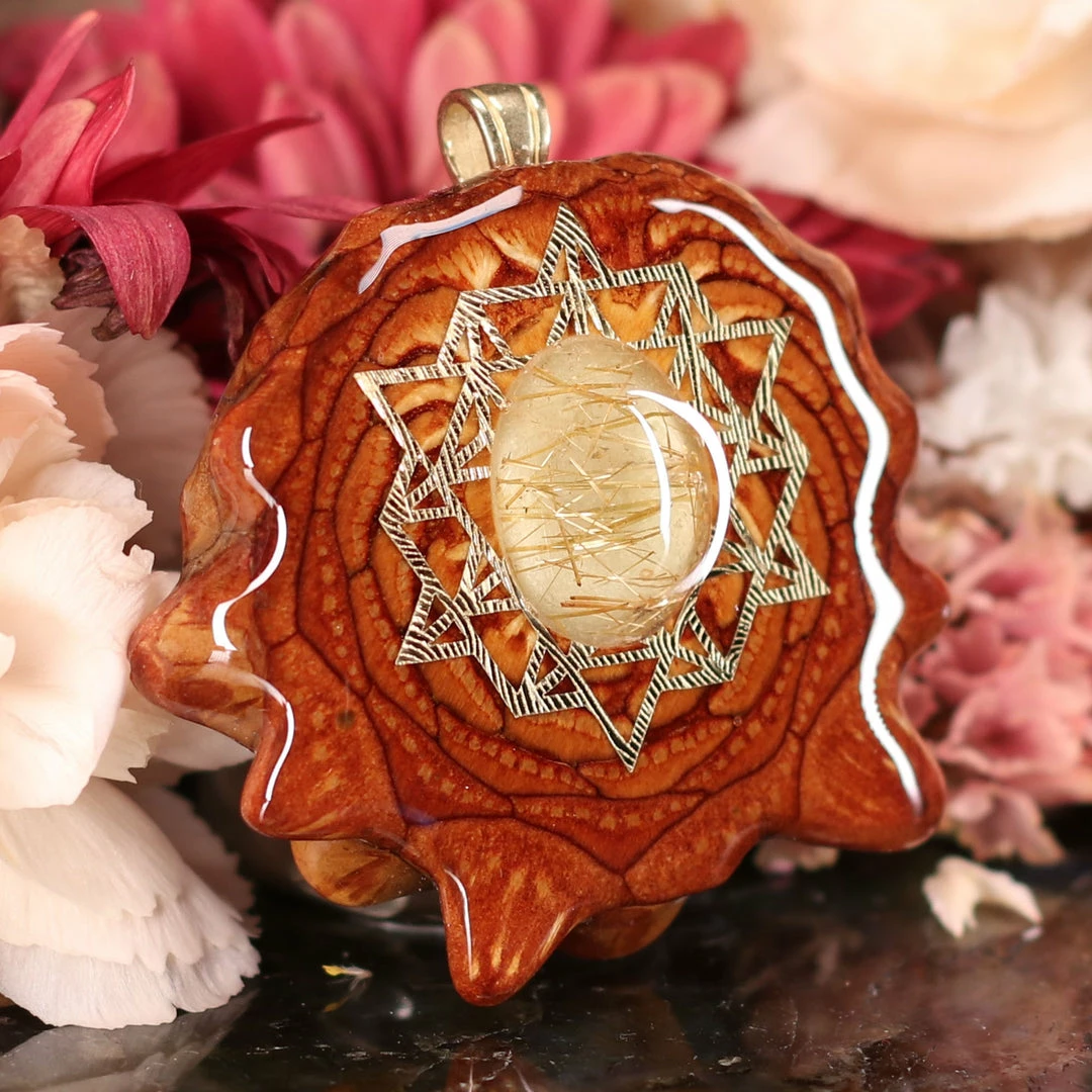 TEP Pendants Glowing Rutilated Quartz With Gold 64 Star Tetrahedron 5 TEP Pendants Glowing Rutilated Quartz With Gold 64 Star Tetrahedron