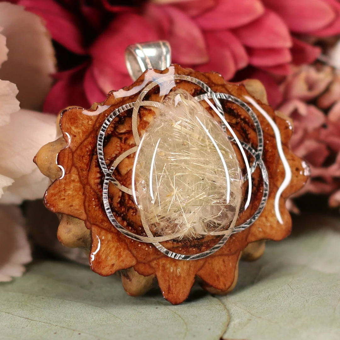 TEP Pendants Glowing Rutilated Quartz With Silver Seed Of Life 5 TEP Pendants Glowing Rutilated Quartz With Silver Seed Of Life