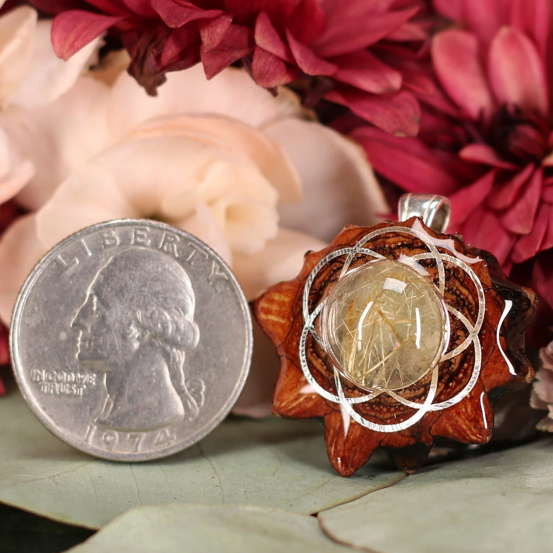 TEP Pendants Glowing Rutilated Quartz With Silver Seed Of Life 4 TEP Pendants Glowing Rutilated Quartz With Silver Seed Of Life