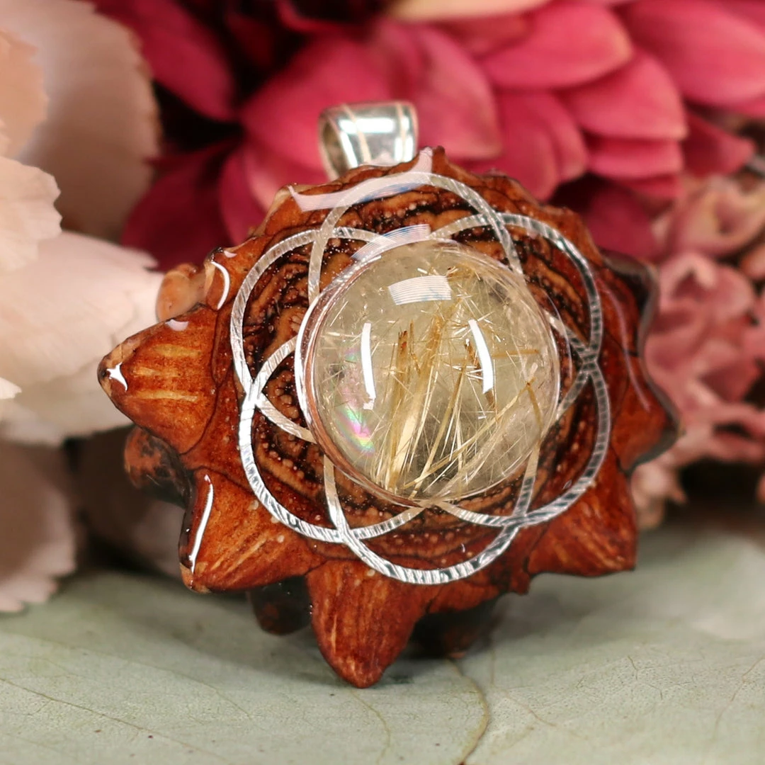 TEP Pendants Glowing Rutilated Quartz With Silver Seed Of Life 5 TEP Pendants Glowing Rutilated Quartz With Silver Seed Of Life