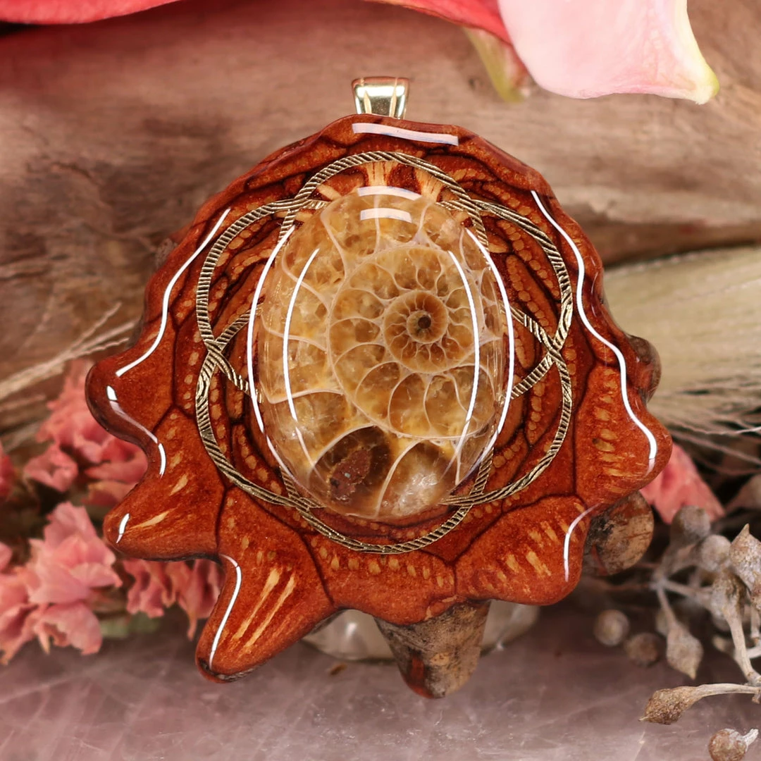 TEP Pendants Ammonite With Gold Seed Of Life 3 TEP Pendants Ammonite With Gold Seed Of Life