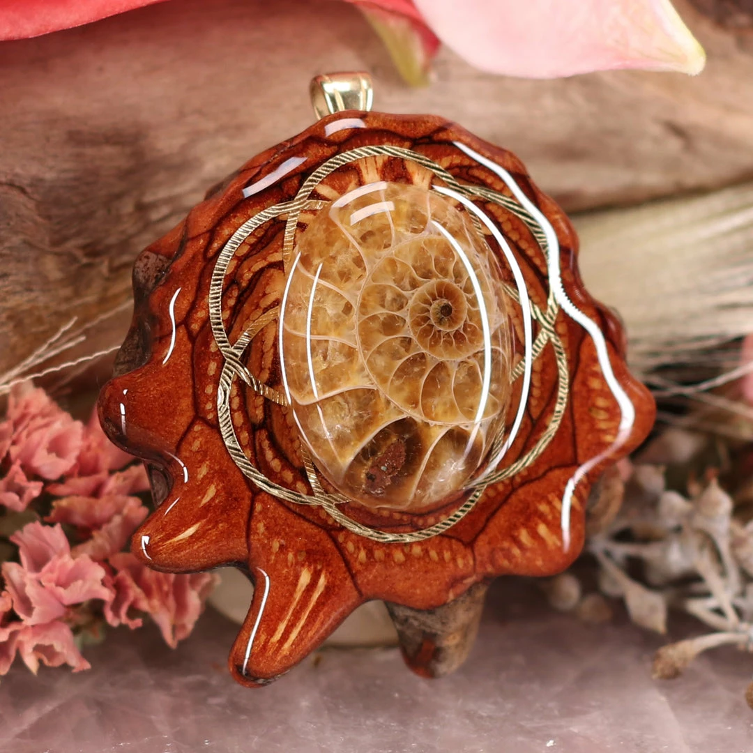 TEP Pendants Ammonite With Gold Seed Of Life 5 TEP Pendants Ammonite With Gold Seed Of Life