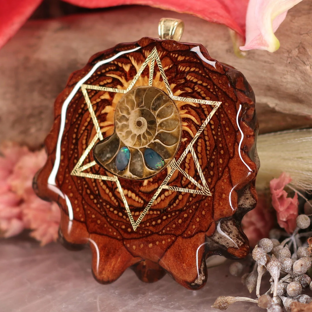 TEP Opal-Inlaid Ammonite With Gold Merkaba Pendants 4 TEP Opal-Inlaid Ammonite With Gold Merkaba Pendants