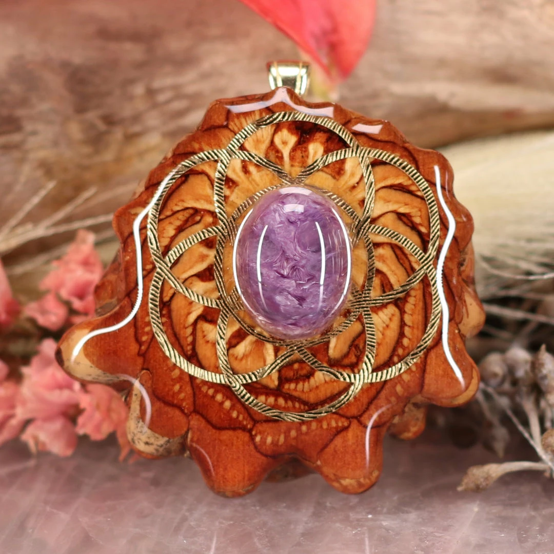 TEP Pendants Charoite With Gold Seed Of Life And Back Om 3 TEP Pendants Charoite With Gold Seed Of Life And Back Om