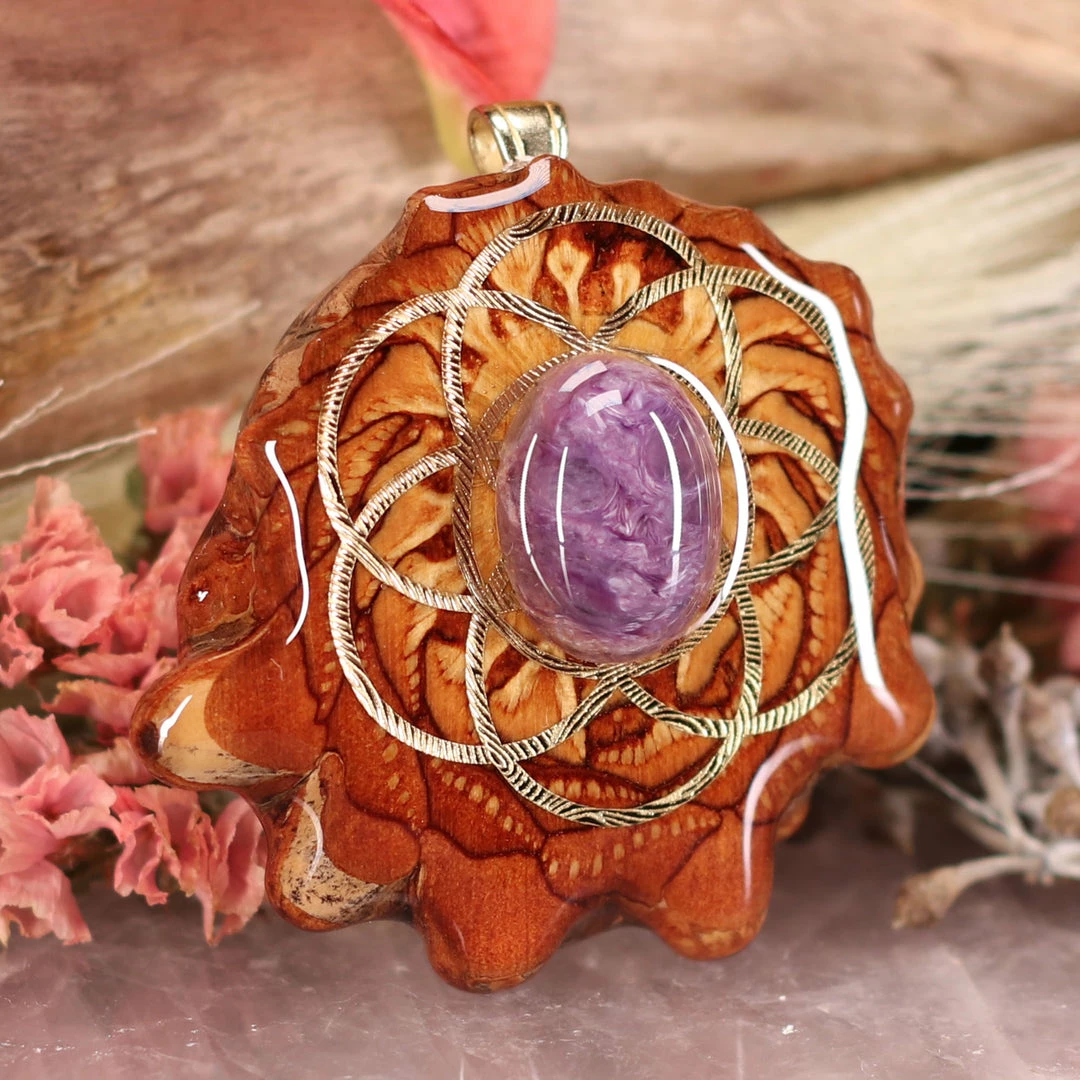 TEP Pendants Charoite With Gold Seed Of Life And Back Om 5 TEP Pendants Charoite With Gold Seed Of Life And Back Om