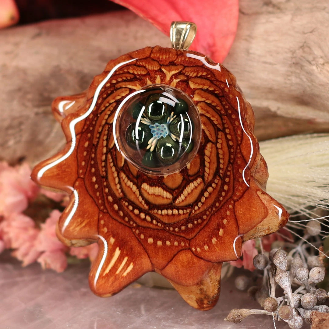 TEP Green Phoenix Orchid Glass With Back Om Pendants 4 TEP Green Phoenix Orchid Glass With Back Om Pendants