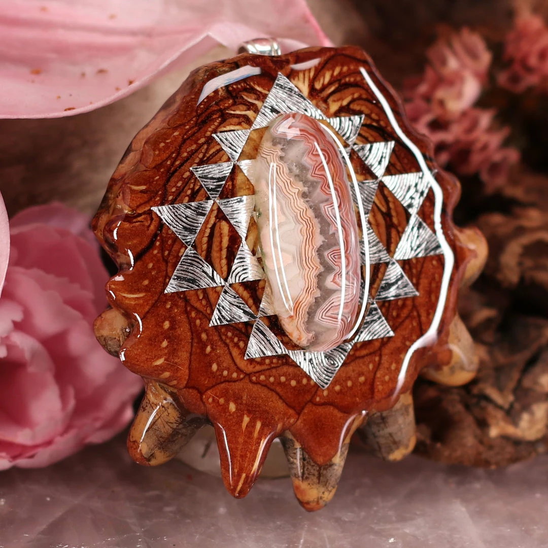 TEP Crazy Lace Agate With Silver Sri Yantra 5 TEP Crazy Lace Agate With Silver Sri Yantra