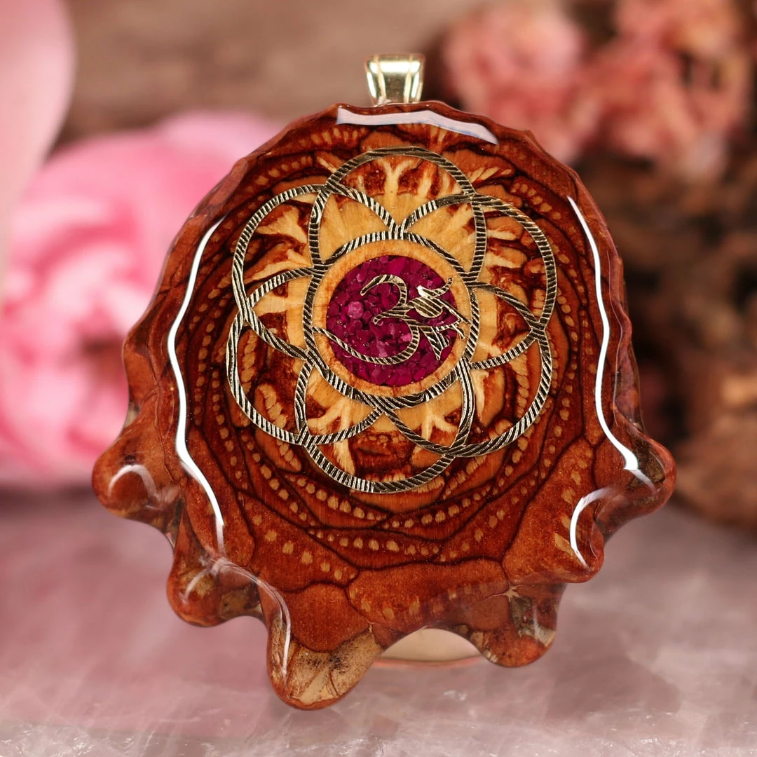 TEP Crushed Sugilite (Glows) With Gold Seed Of Life And Front Om Pendants 3 TEP Crushed Sugilite (Glows) With Gold Seed Of Life And Front Om Pendants