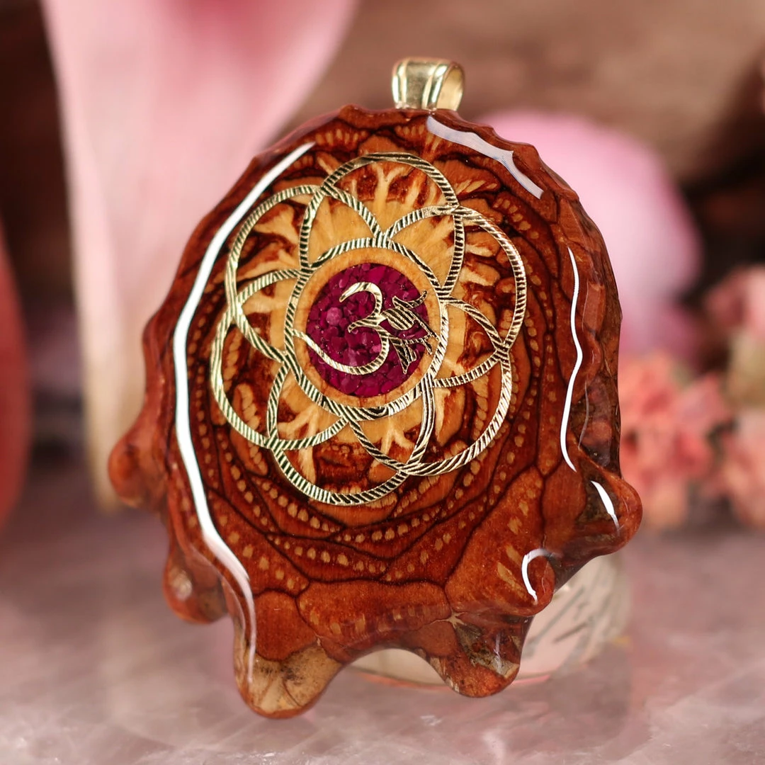 TEP Crushed Sugilite (Glows) With Gold Seed Of Life And Front Om Pendants 4 TEP Crushed Sugilite (Glows) With Gold Seed Of Life And Front Om Pendants