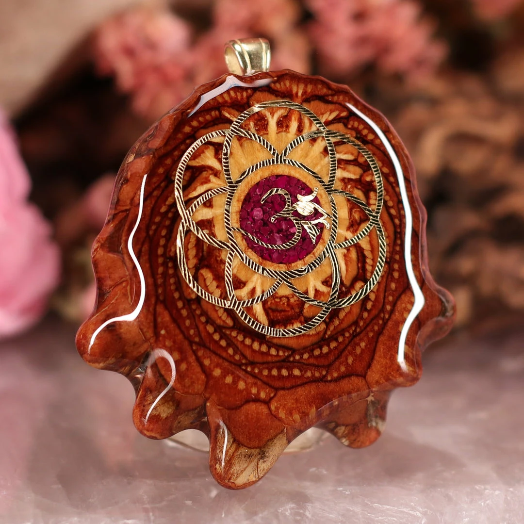 TEP Crushed Sugilite (Glows) With Gold Seed Of Life And Front Om Pendants 5 TEP Crushed Sugilite (Glows) With Gold Seed Of Life And Front Om Pendants