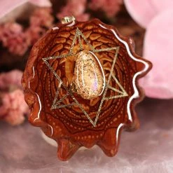 TEP Orgonite With Moonstone With Gold Merkaba And Back Om Pendants
