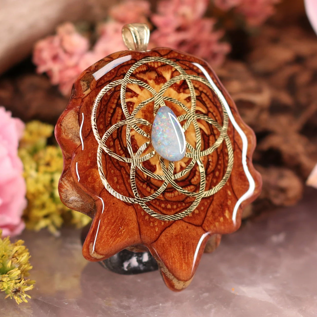 TEP Australian Blue Opal With Gold Seed Of Life And Back Om 5 TEP Australian Blue Opal With Gold Seed Of Life And Back Om