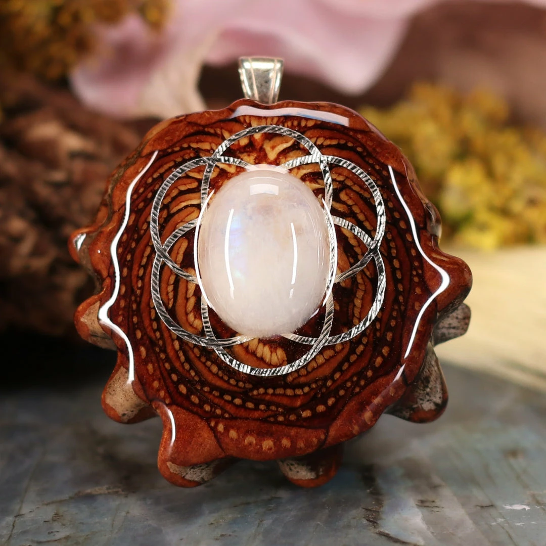 TEP Pendants Moonstone With Silver Seed Of Life 3 TEP Pendants Moonstone With Silver Seed Of Life