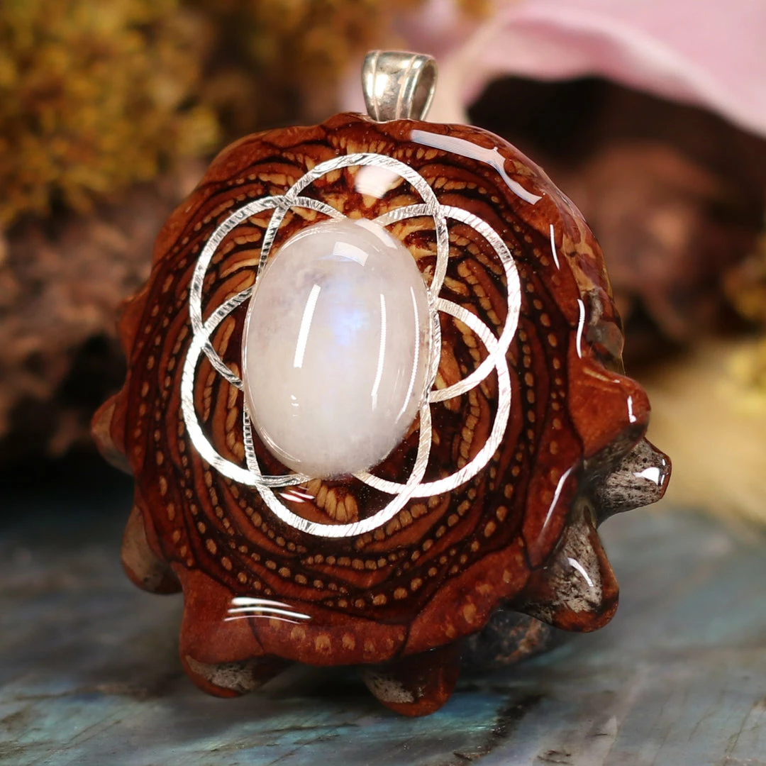 TEP Pendants Moonstone With Silver Seed Of Life 4 TEP Pendants Moonstone With Silver Seed Of Life