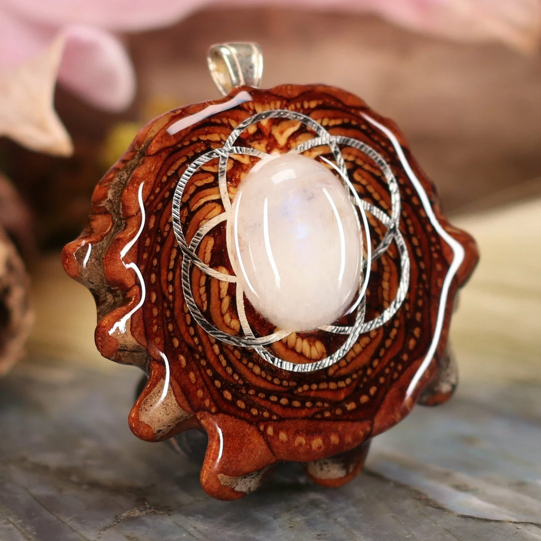TEP Pendants Moonstone With Silver Seed Of Life 5 TEP Pendants Moonstone With Silver Seed Of Life
