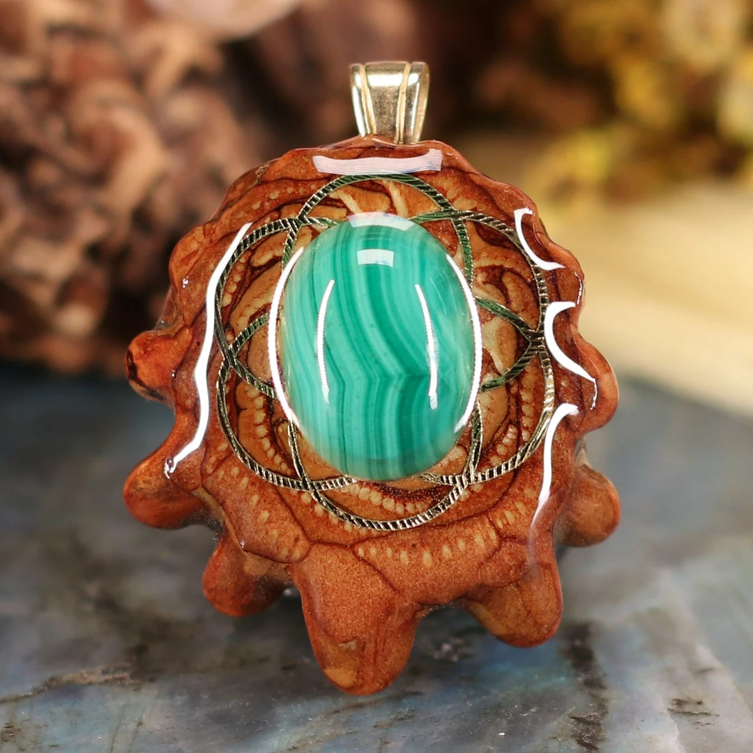 TEP Malachite With Gold Seed Of Life Pendants 3 TEP Malachite With Gold Seed Of Life Pendants