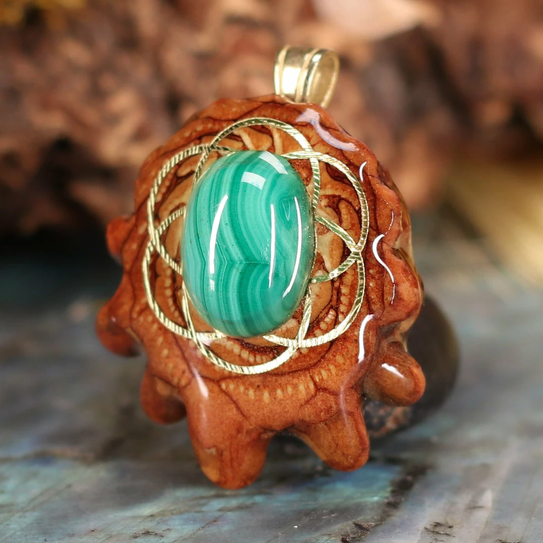 TEP Malachite With Gold Seed Of Life Pendants 4 TEP Malachite With Gold Seed Of Life Pendants