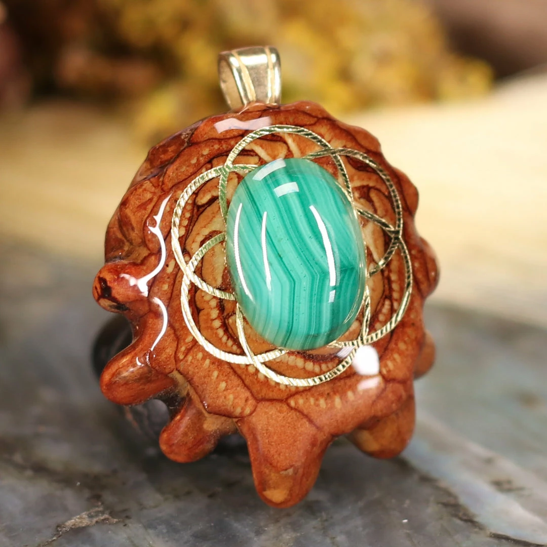 TEP Malachite With Gold Seed Of Life Pendants 5 TEP Malachite With Gold Seed Of Life Pendants