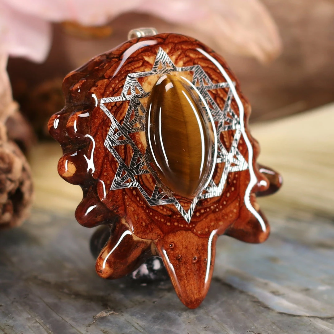 TEP Pendants Yellow Tiger's Eye With Silver 64 Star Tetrahedron 5 TEP Pendants Yellow Tiger's Eye With Silver 64 Star Tetrahedron