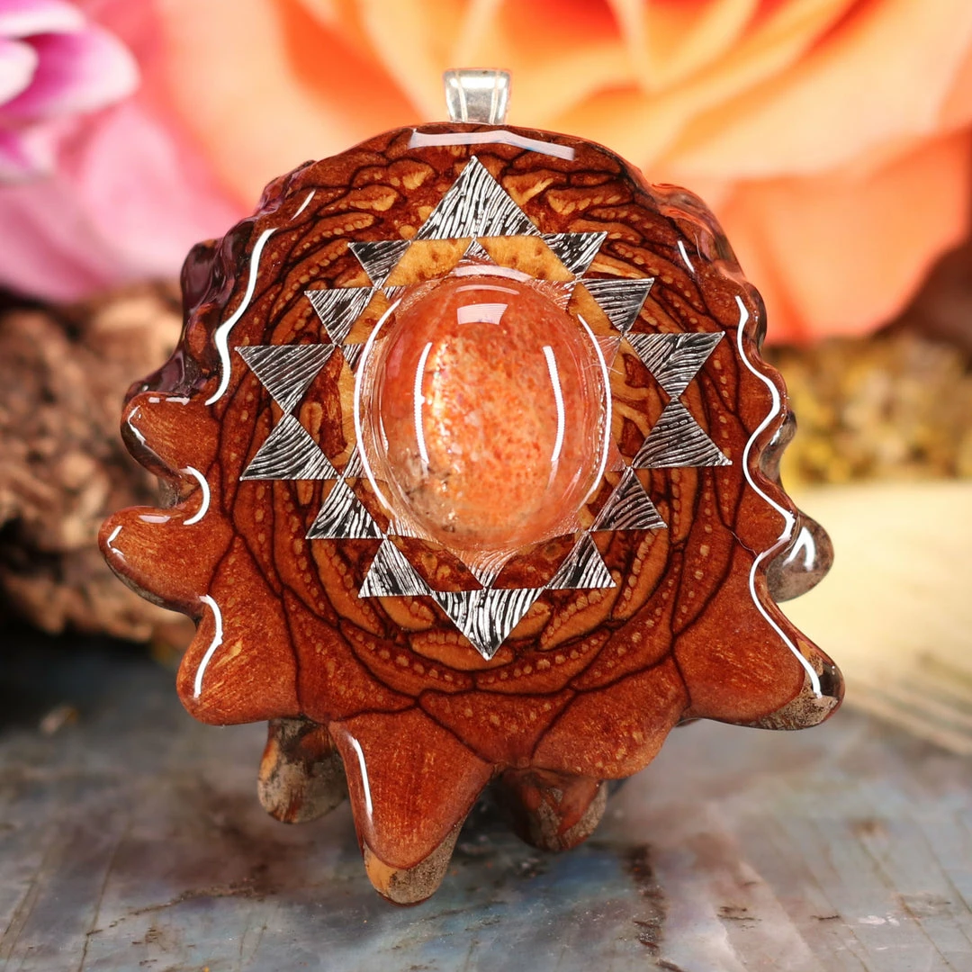 TEP Pendants Red Sunstone With Silver Sri Yantra 3 TEP Pendants Red Sunstone With Silver Sri Yantra